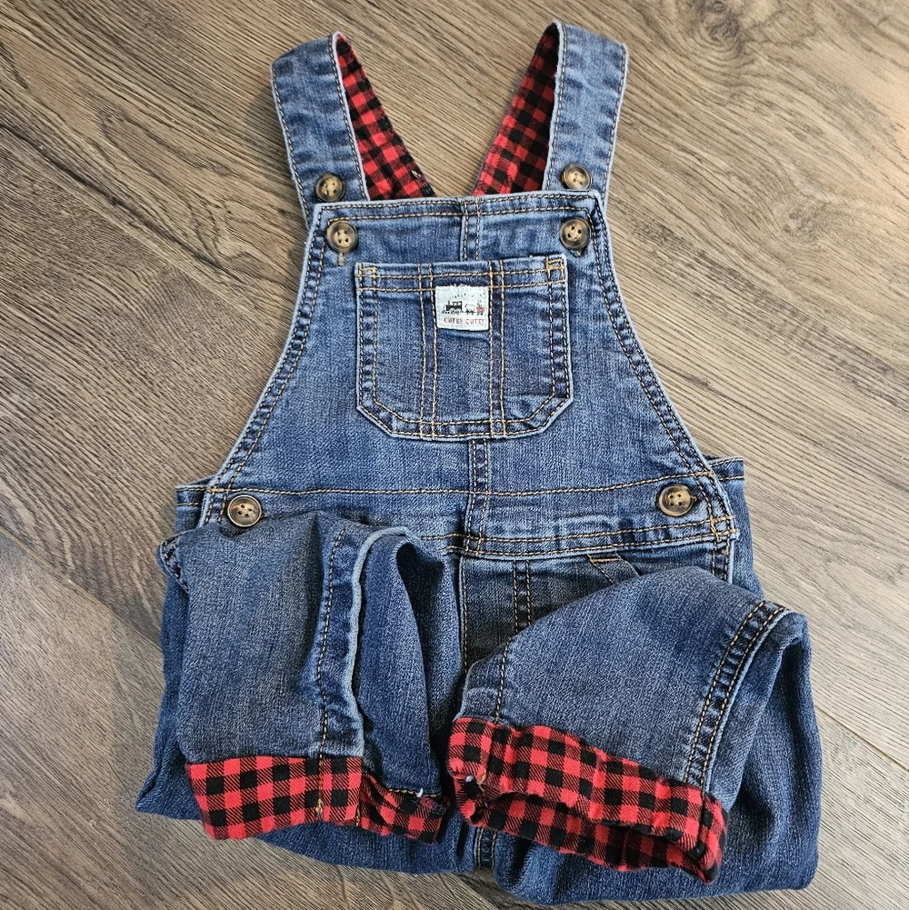 Carter's Blue Denim Red Plaid Train Themed Overalls Toddler/baby Size 18 Months.